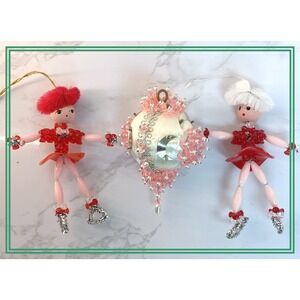 VTG MCM Ice‎ Skating Girls Crescent Moon Pushpin Bead Christmas Ornaments (3)